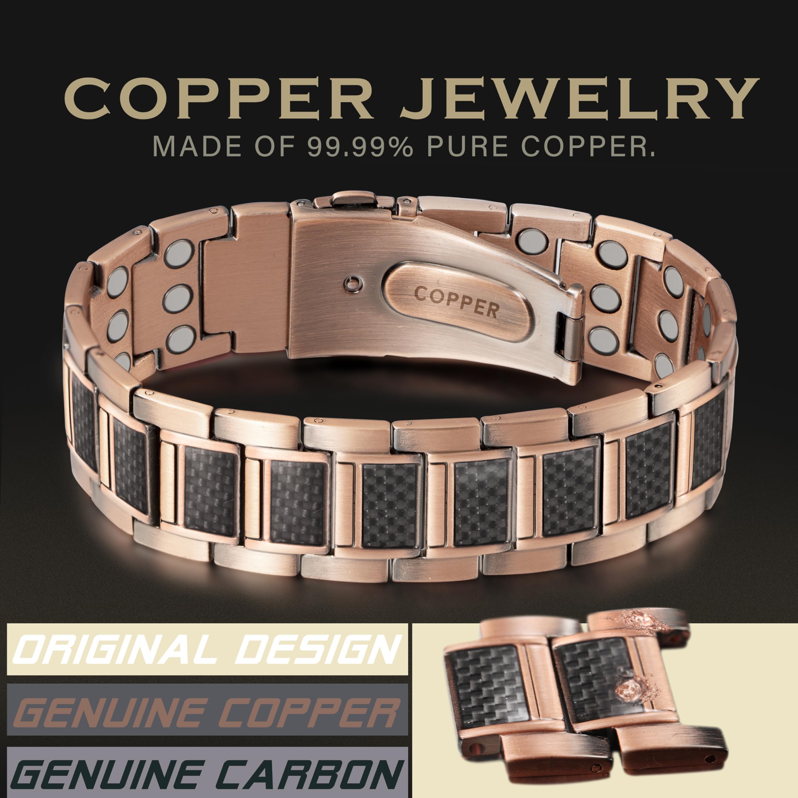KGP copper bracelet with carbon fiber inlay and secure clasp