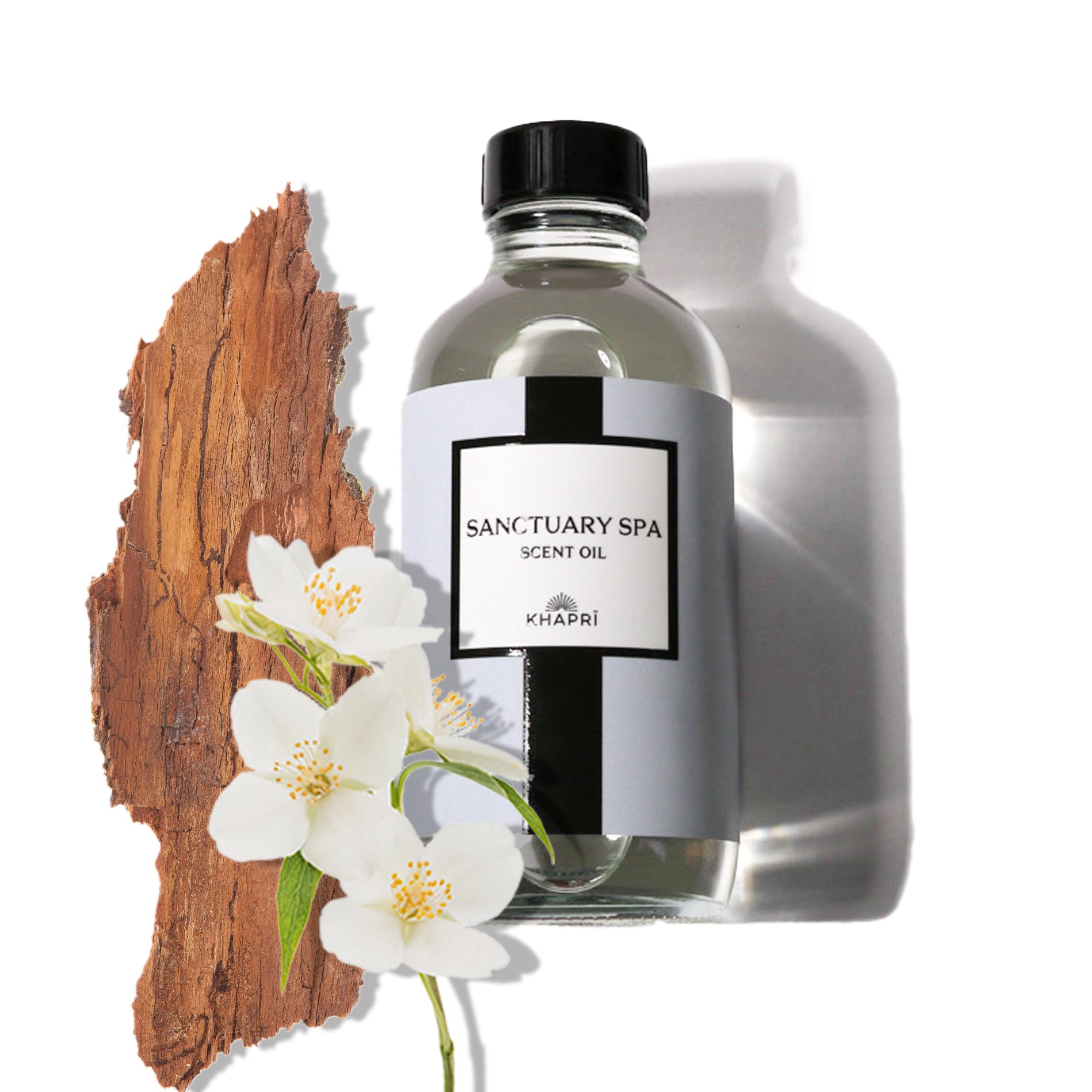 KHAPRI Sanctuary Spa bottle label closeup emphasizes white tea jasmine notes.