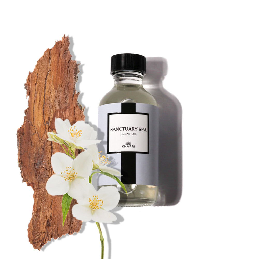 KHAPRI Sanctuary Spa Scent label closeup showcases premium blend
