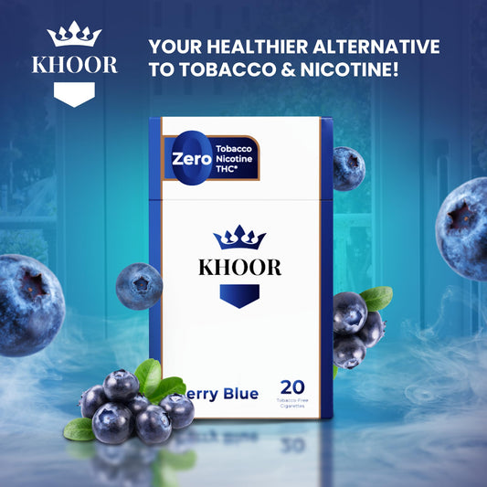 KHOOR Berry Blue Carton foil wrap highlighting discreet, portable tobacco-free option.