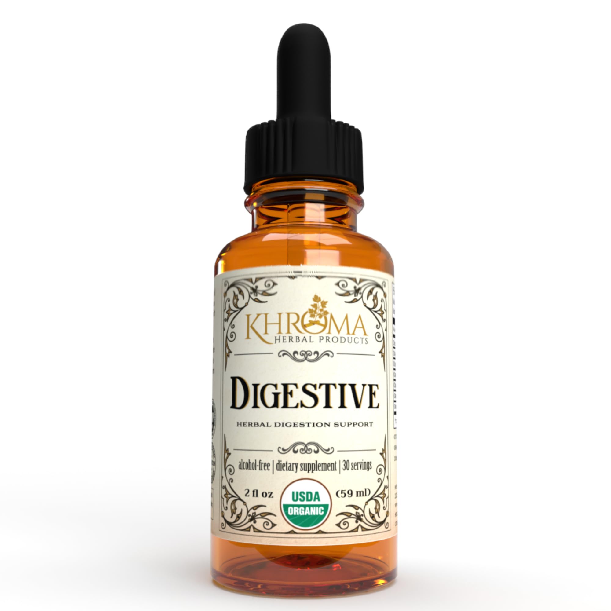 Khroma Digestive Blend bottle closeup, a natural formula for digestive comfort