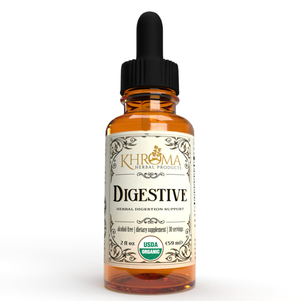 Khroma Digestive Blend bottle closeup, a natural formula for digestive comfort