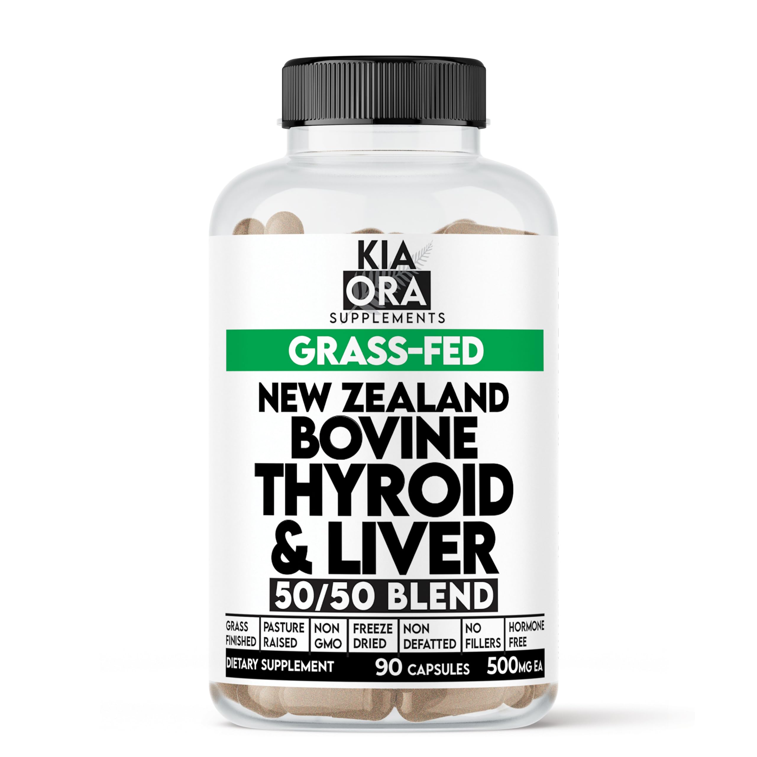 Kia Ora Supplements beef thyroid liver capsules in a bottle for daily energy support.