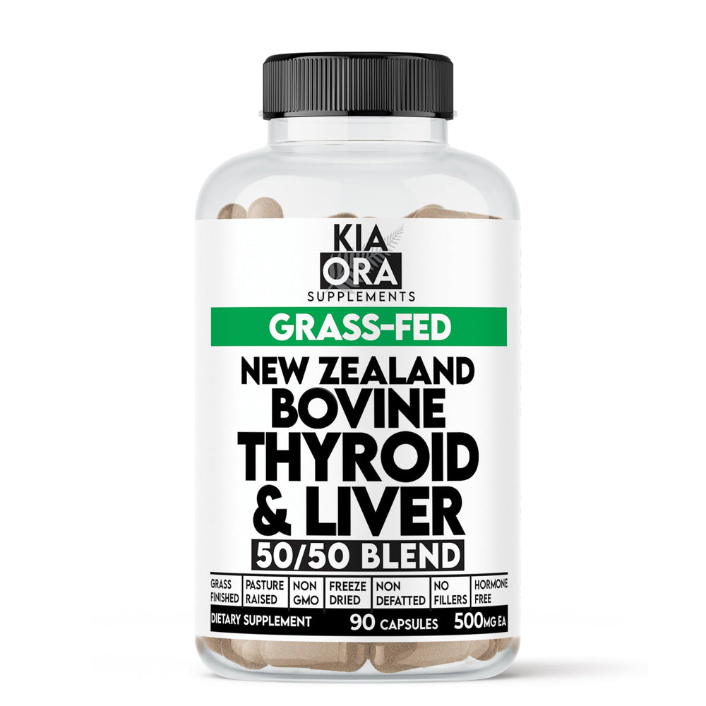 Kia Ora Supplements beef thyroid liver capsules in a bottle for daily energy support.