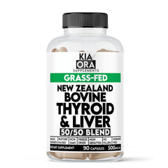 Kia Ora Supplements beef thyroid liver capsules in a bottle for daily energy support.