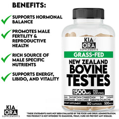 Kia Ora Supplements capsules on display highlighting grass-fed bovine testes benefits