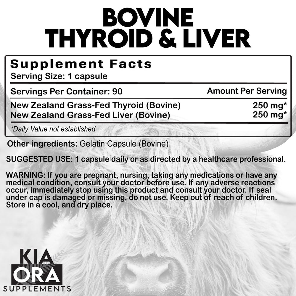 Front label of Kia Ora thyroid-liver capsules shows 500mg per capsule.