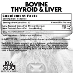 Front label of Kia Ora thyroid-liver capsules shows 500mg per capsule.
