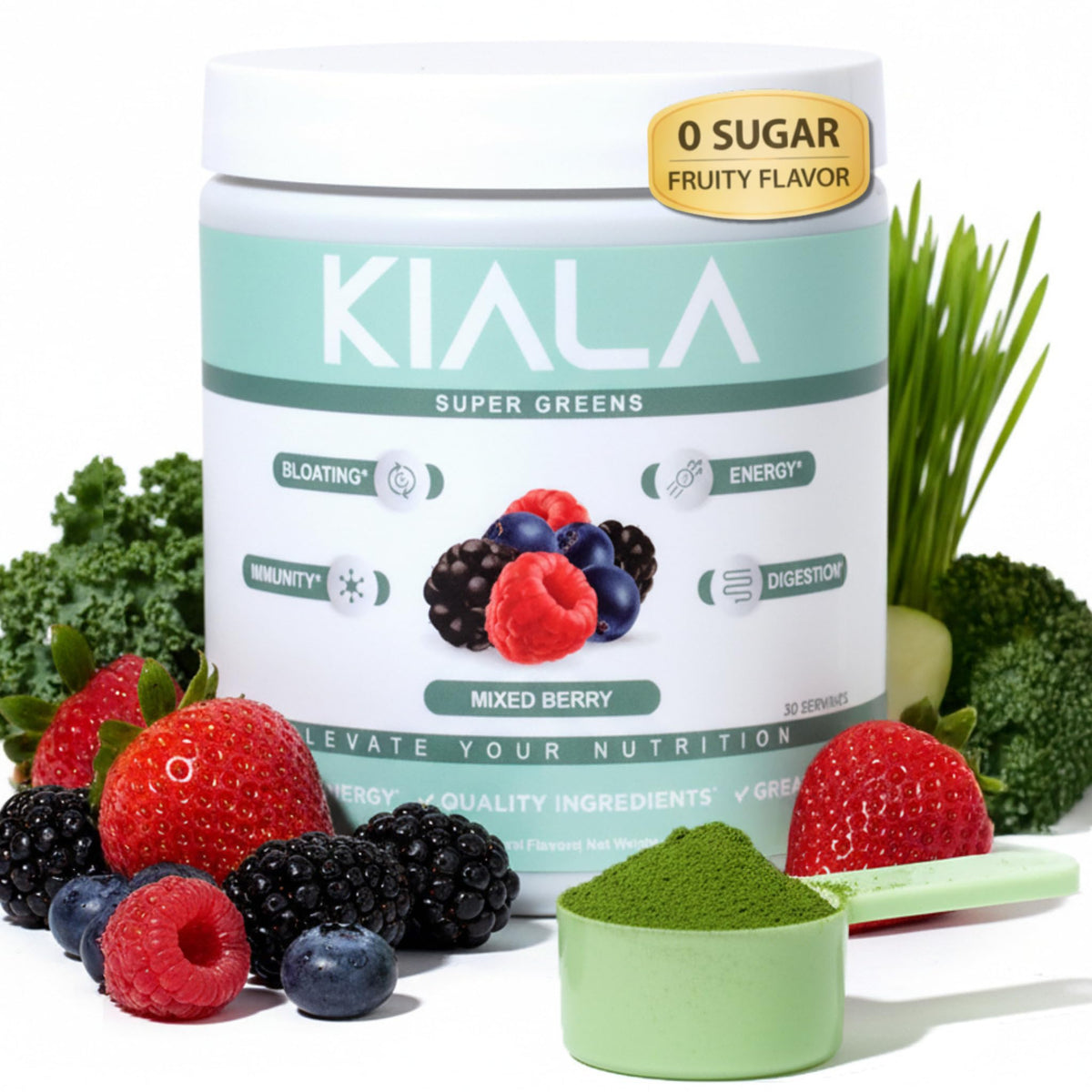 Kiala Nutrition Super Greens bottle pouring into glass for daily energy support
