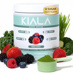 Kiala Nutrition Super Greens bottle pouring into glass for daily energy support