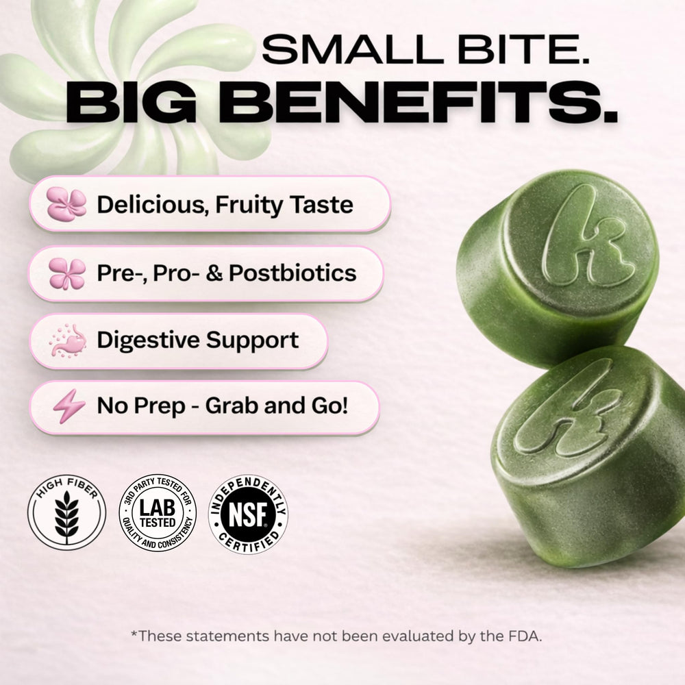 Dairy-free label on Kiala Super Greens Gummies emphasizes allergy-friendly, vegetarian formula.