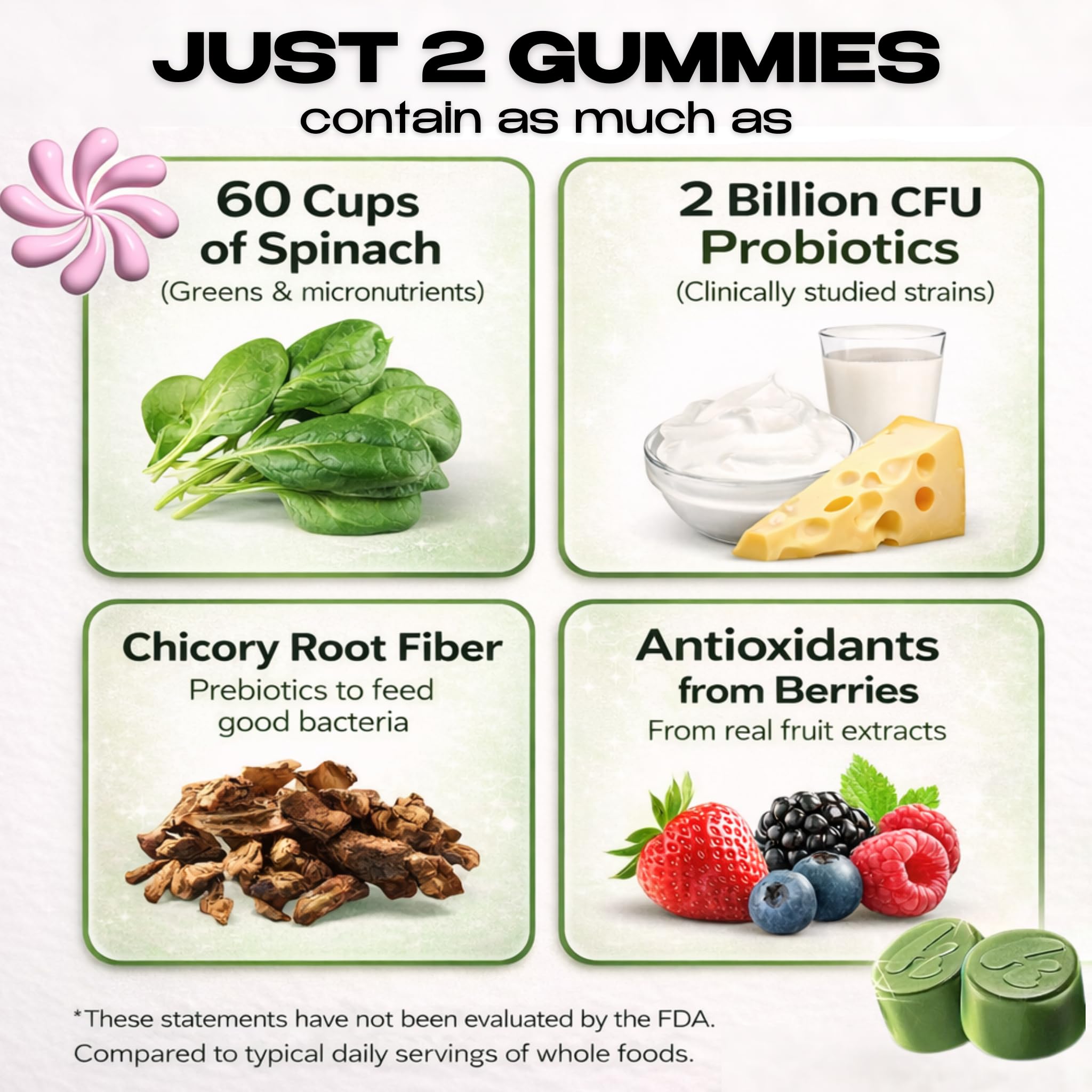 Fiber content badge for Kiala Super Greens Gummies indicating digestive routine support.