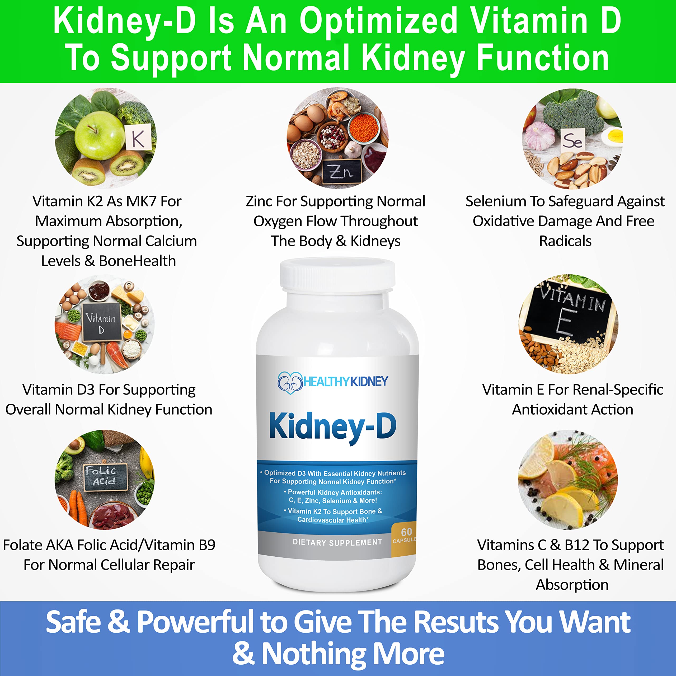 Kidney-D bottle label highlighting Vitamin D3 with K2 for bone support.