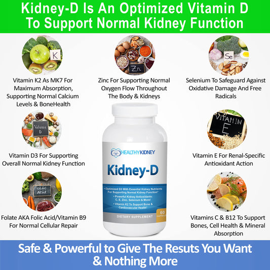Kidney-D bottle label highlighting Vitamin D3 with K2 for bone support.