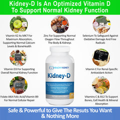 Kidney-D bottle label highlighting Vitamin D3 with K2 for bone support.