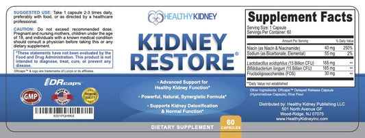Close-up of Kidney Restore 3-pack capsules highlighting natural ingredients.