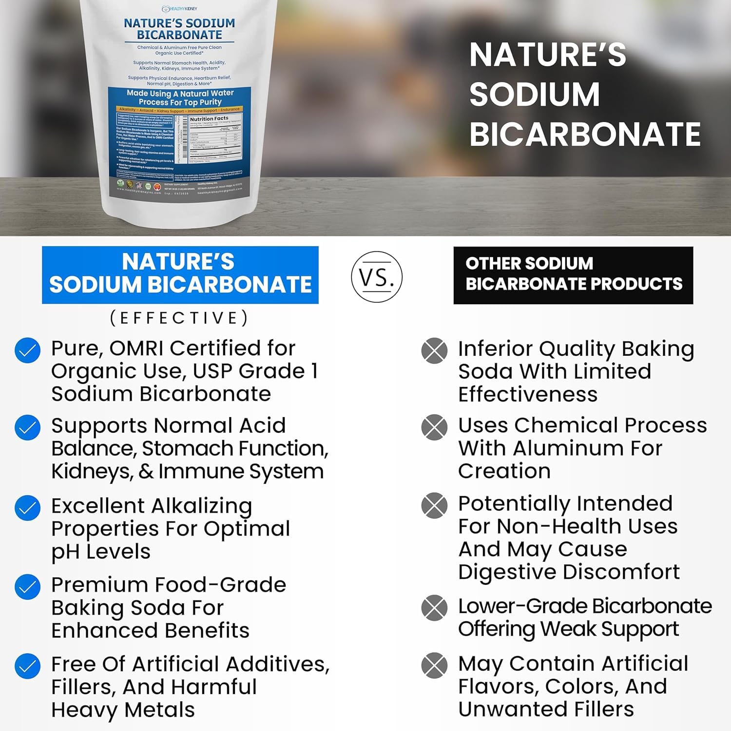 Aluminum-free baking soda powder jar from Kidney Restore for daily alkalizing use.
