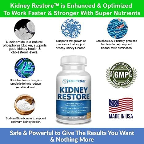 Pouring Kidney Restore bottle conveys easy daily supplement routine.