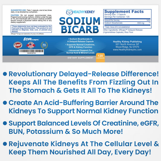 Delayed-release capsules delivering acid-neutralizing action to the kidneys.