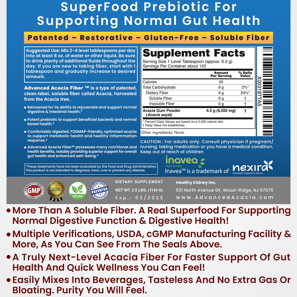 Kidney Restore Fiber Powder ingredients panel highlights clean, organic sourcing