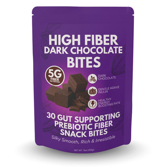 Kidney Restore high fiber dark chocolate bites pack shot, convenient gut-friendly snack.