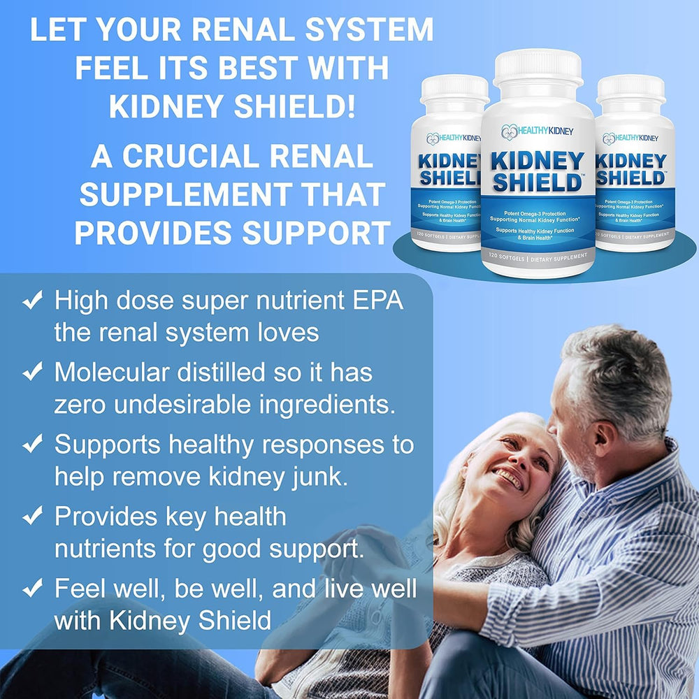 Kidney Shield capsules close-up showing omega-3 softgels for renal support.