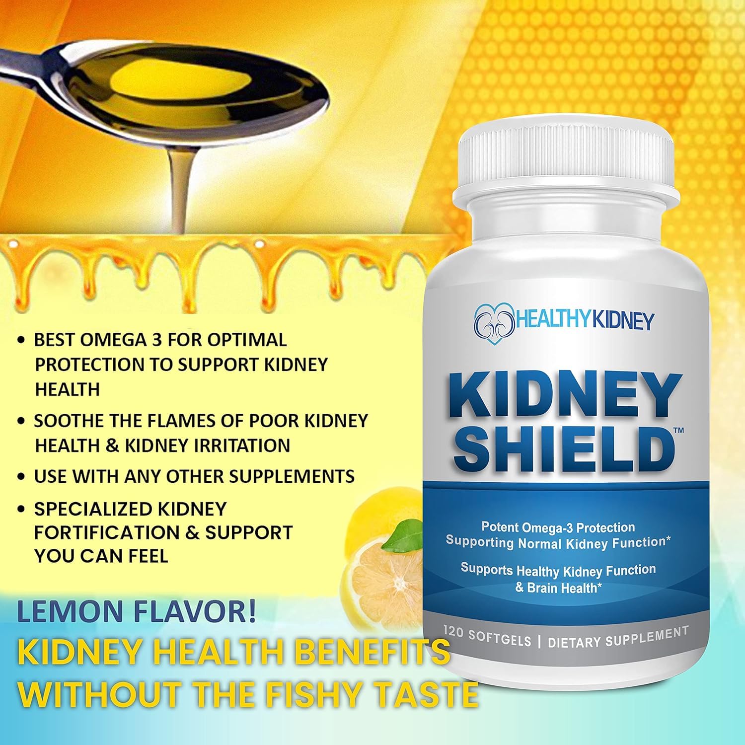 Kidney Shield essential fatty acids icon on box representing EPA and DHA.
