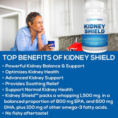 Kidney Shield ingredient panel shows purified omega-3 fatty acids for renal health.