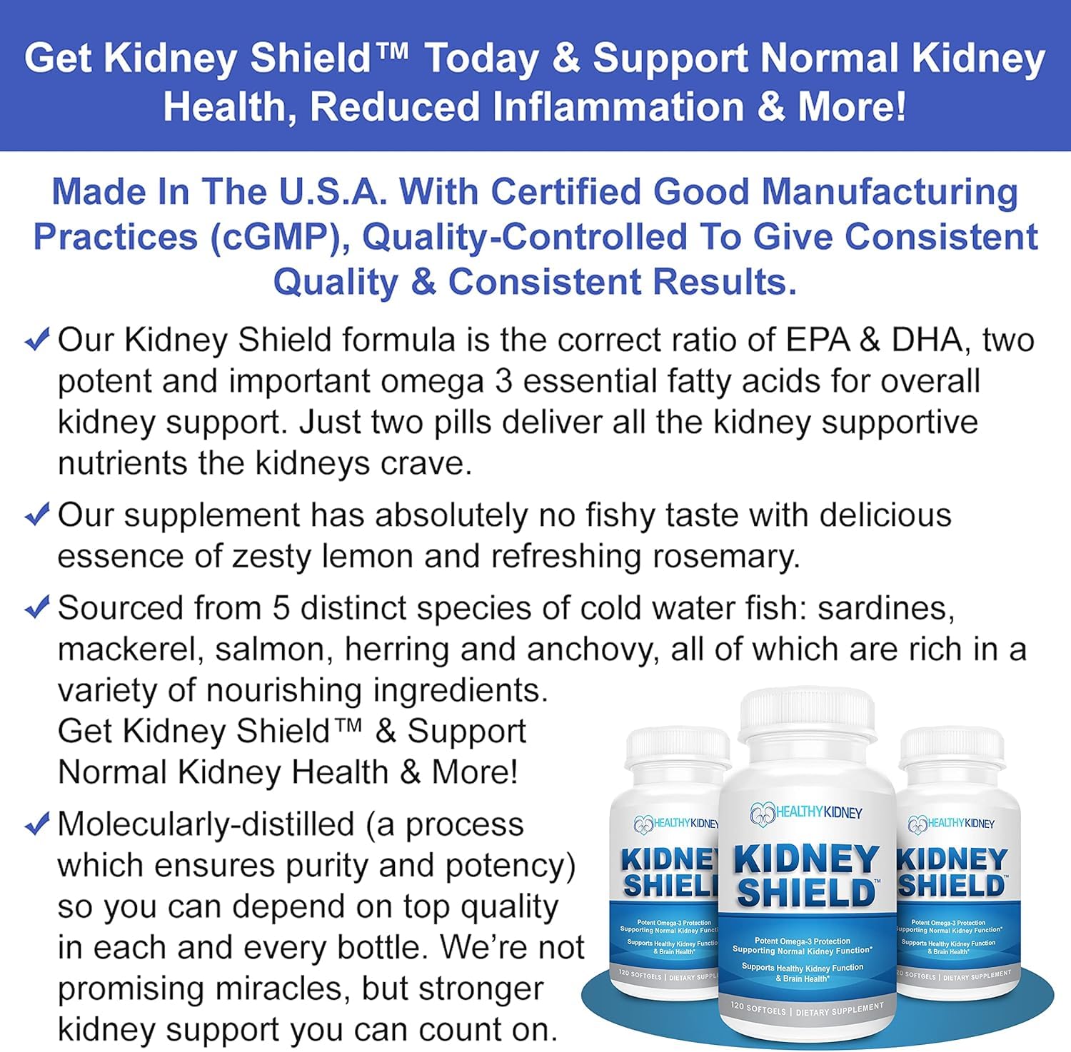 Kidney Shield no fishy taste claim on packaging improves palatability.
