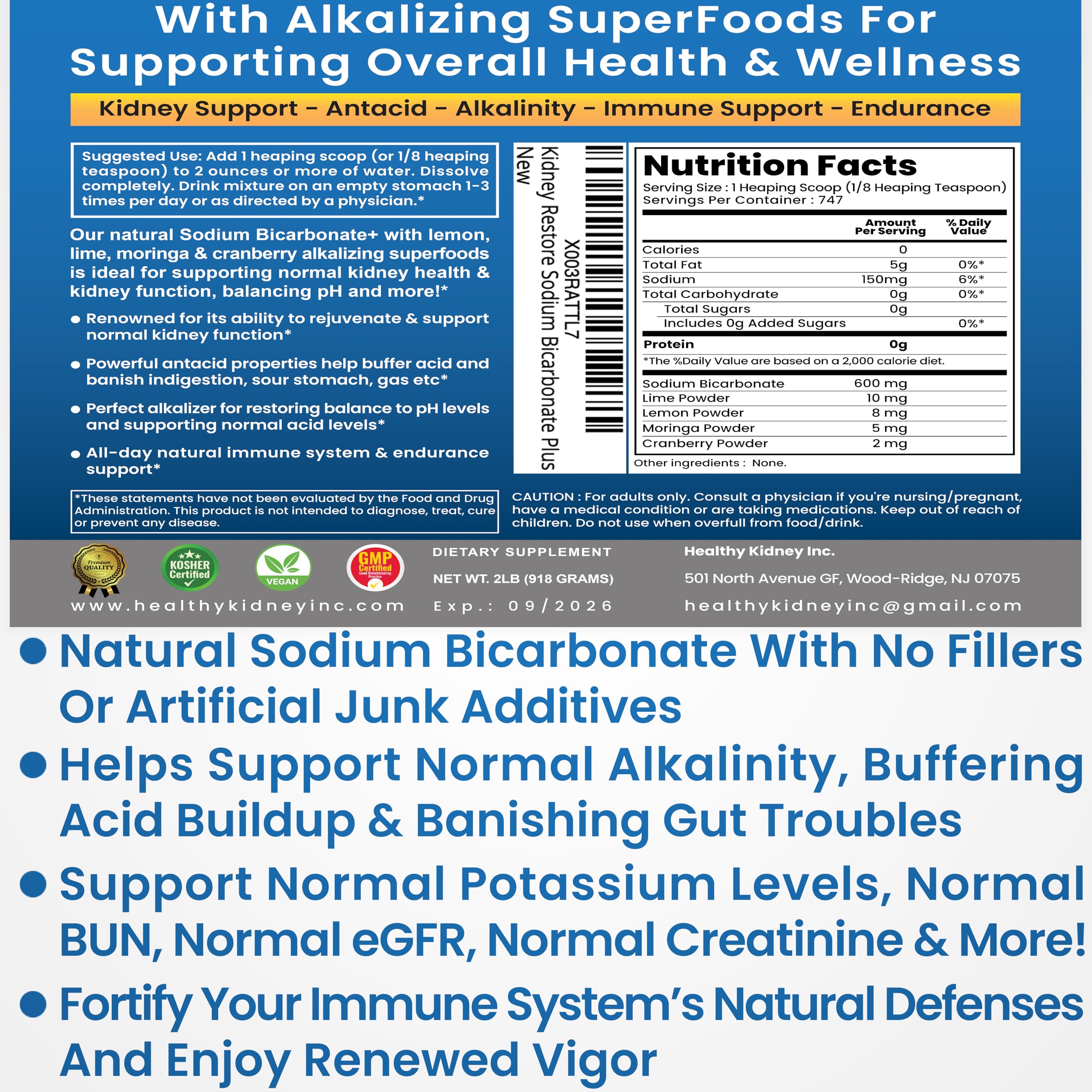 Kidney Restore label view highlights organic, OMRI-certified bicarbonate benefits