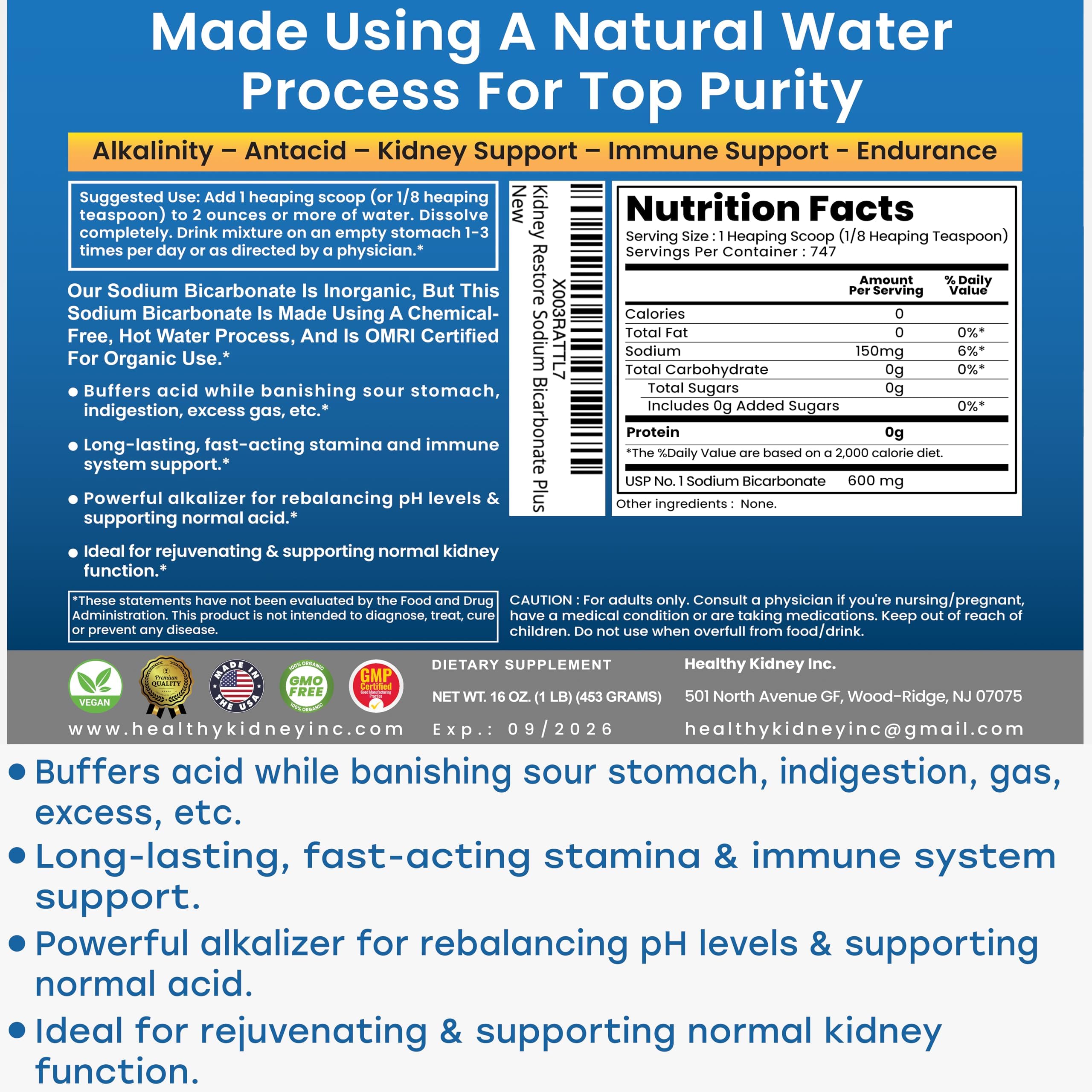 OMRI-certified organic-use badge on Kidney Restore packaging.