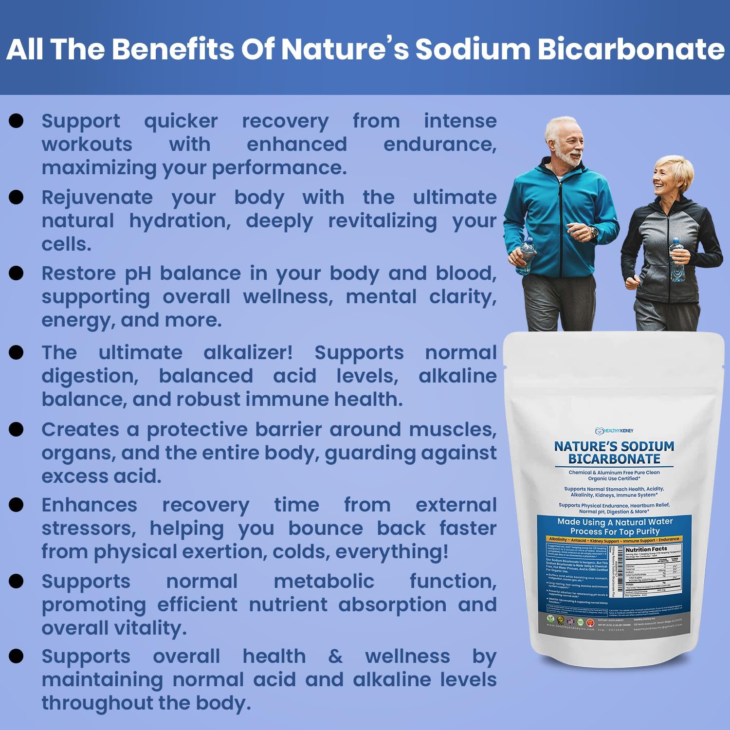 Organic baking soda pour from Kidney Restore demonstrating clean, metal-free formula.