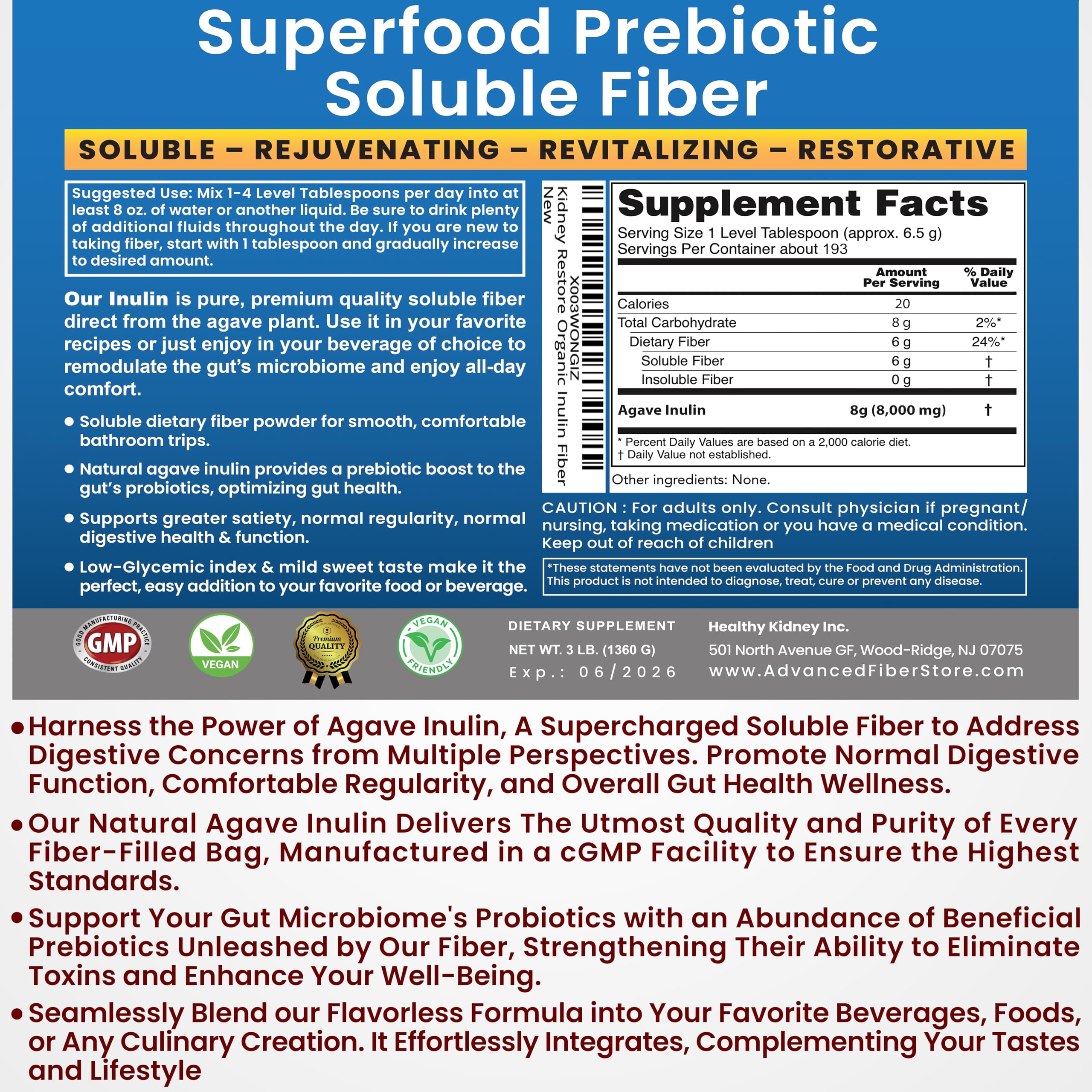 Kidney Restore Organic Inulin Powder on a kitchen counter with oats for baking.