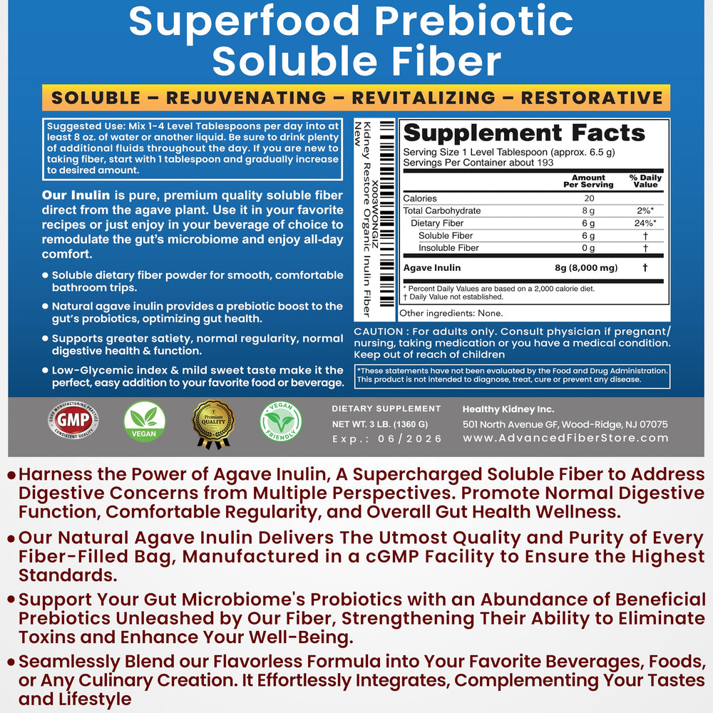 Kidney Restore Organic Inulin Powder on a kitchen counter with oats for baking.