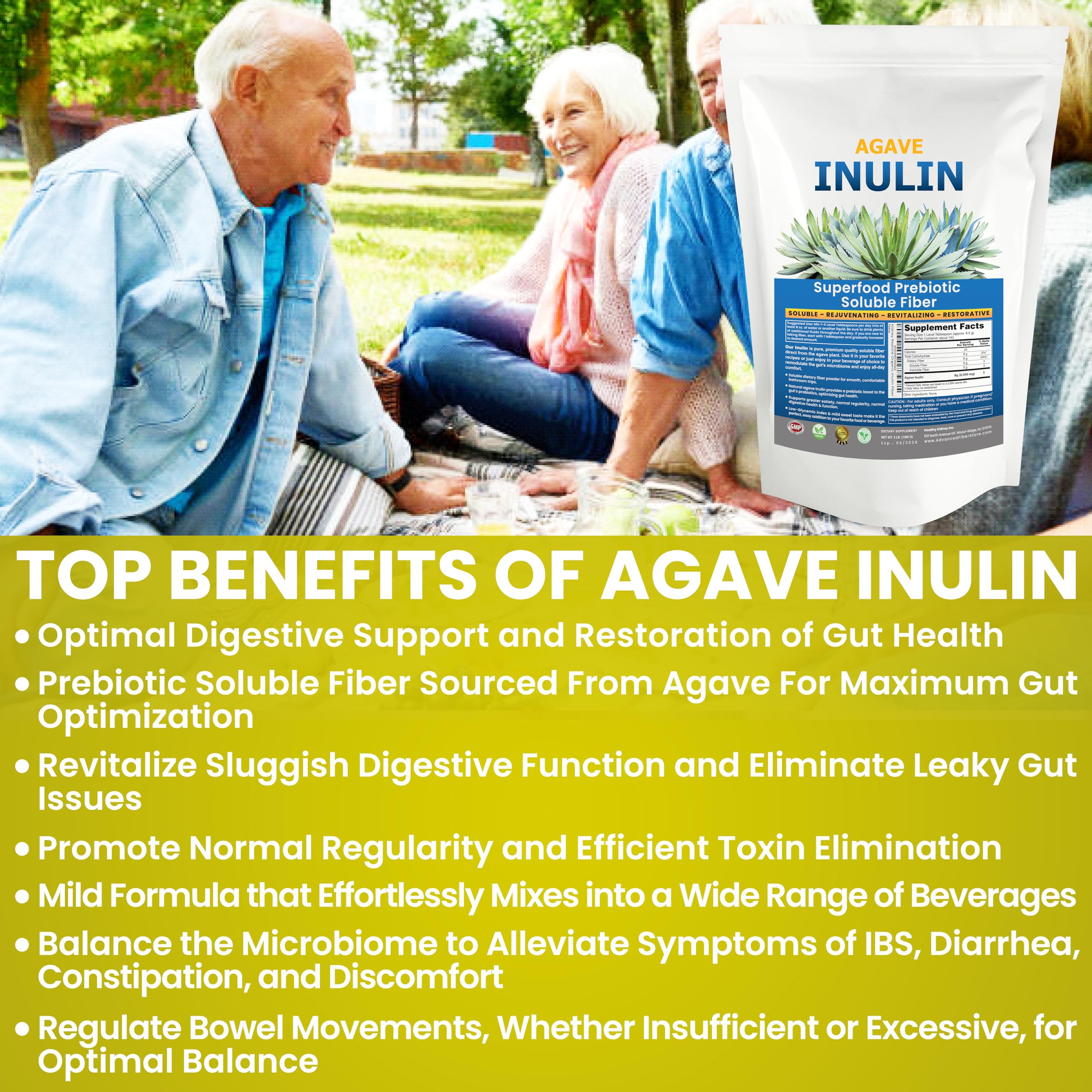 Kidney Restore Organic Inulin Powder beside a smoothie, highlighting fiber-friendly versatility.