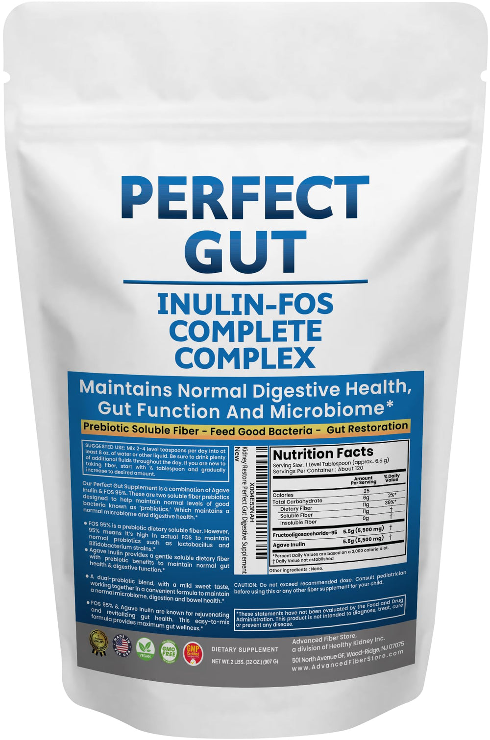 Kidney Restore Perfect Gut powder bottle shows premium prebiotic blend for gut health.