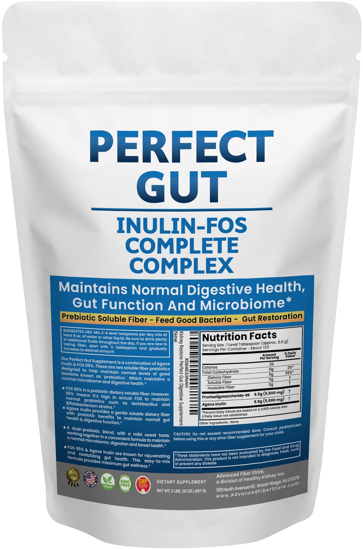 Kidney Restore Perfect Gut powder bottle shows premium prebiotic blend for gut health.