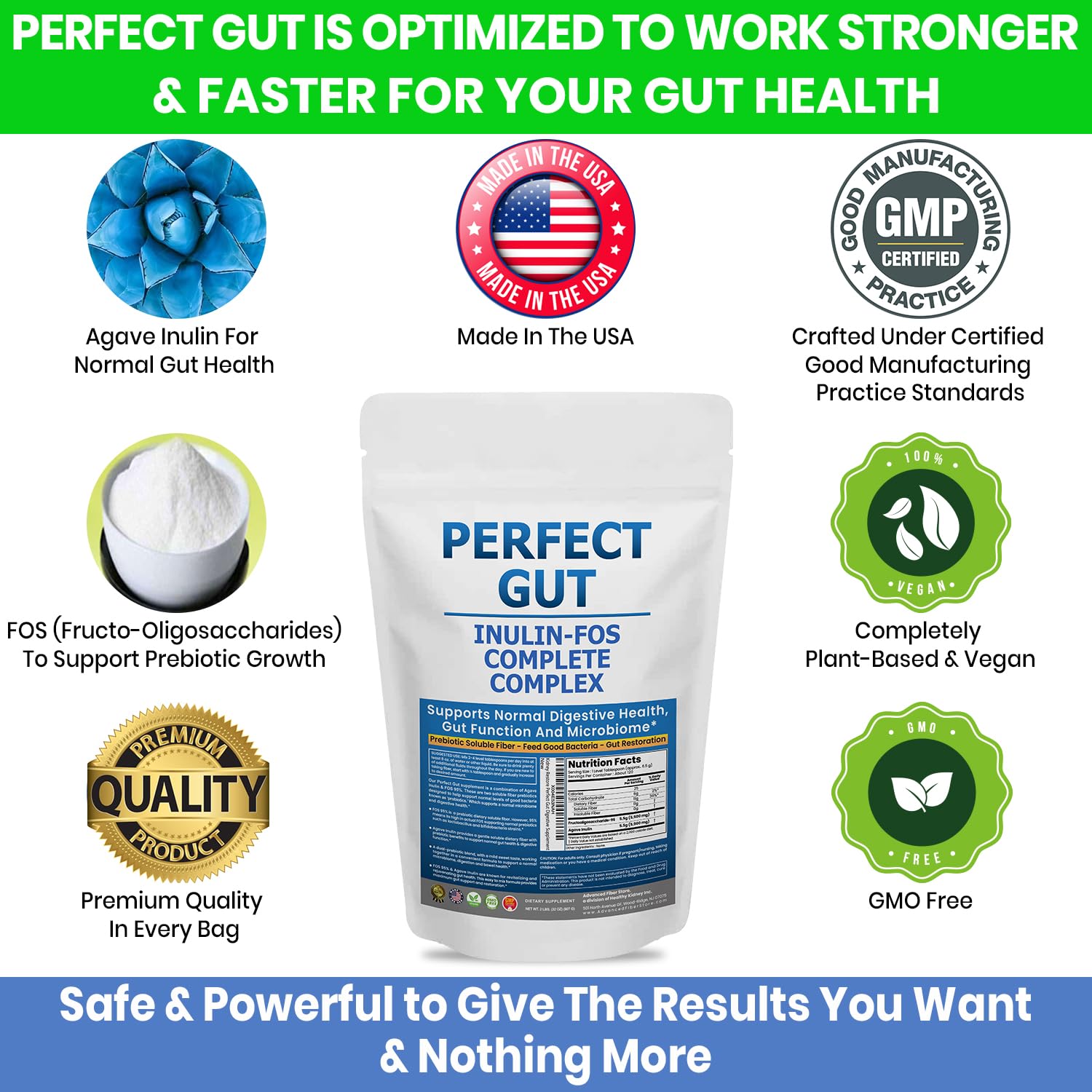 Perfect Gut powder scoop highlights easy daily use and accurate dosing.
