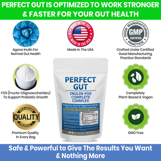 Perfect Gut powder scoop highlights easy daily use and accurate dosing.