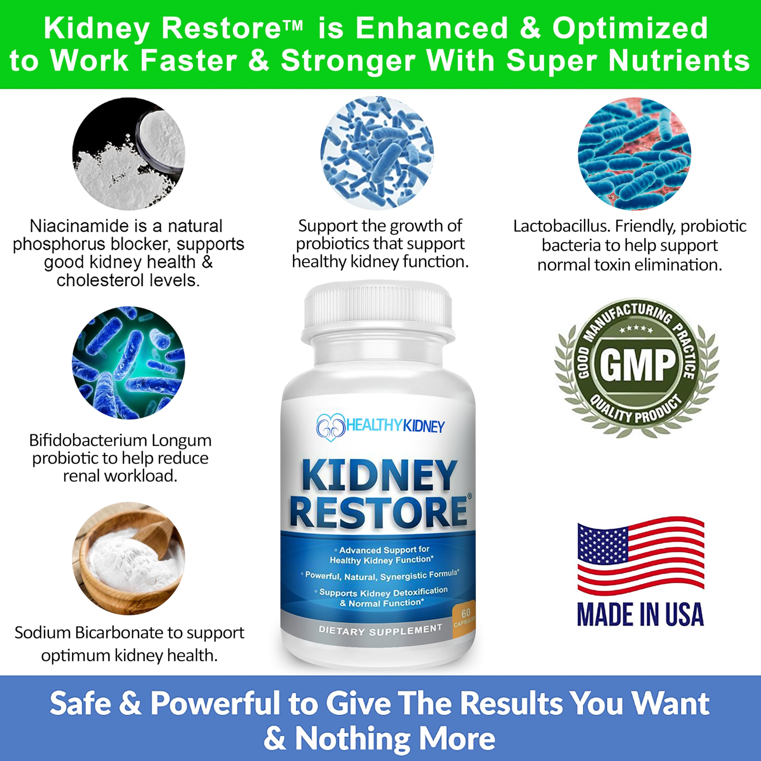 Kidney Restore probiotic-FOS blend suggests gut-kidney synergy.