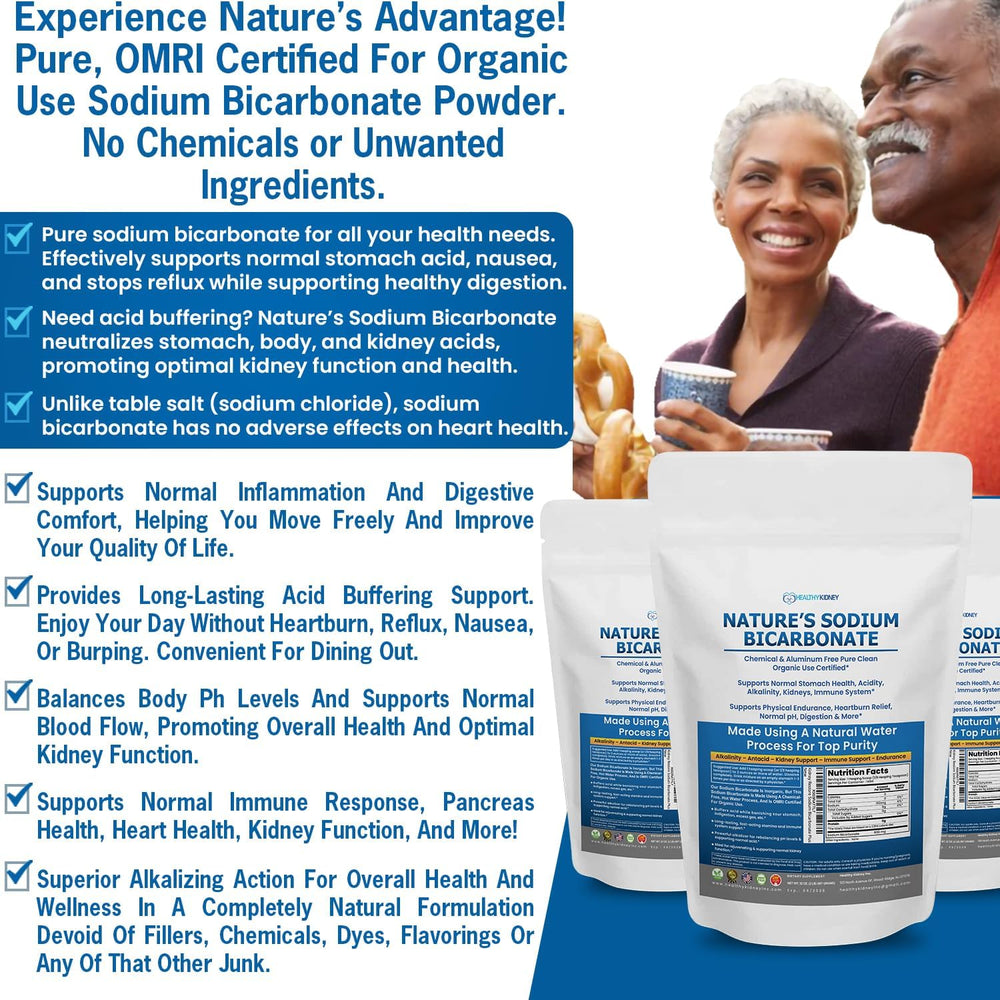 Close-up of Kidney Restore pure baking soda powder for fast-acting digestion support.