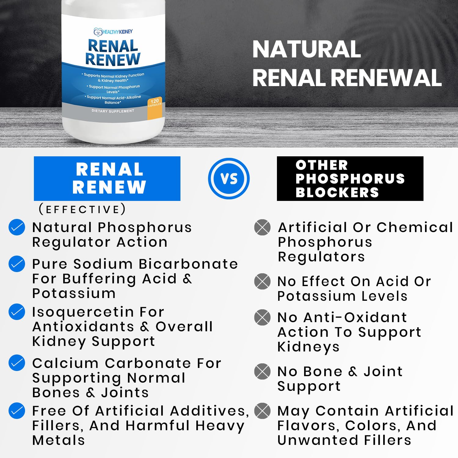 Kidney Restore Renal Renew phosphorus management symbol suggests renal balance.