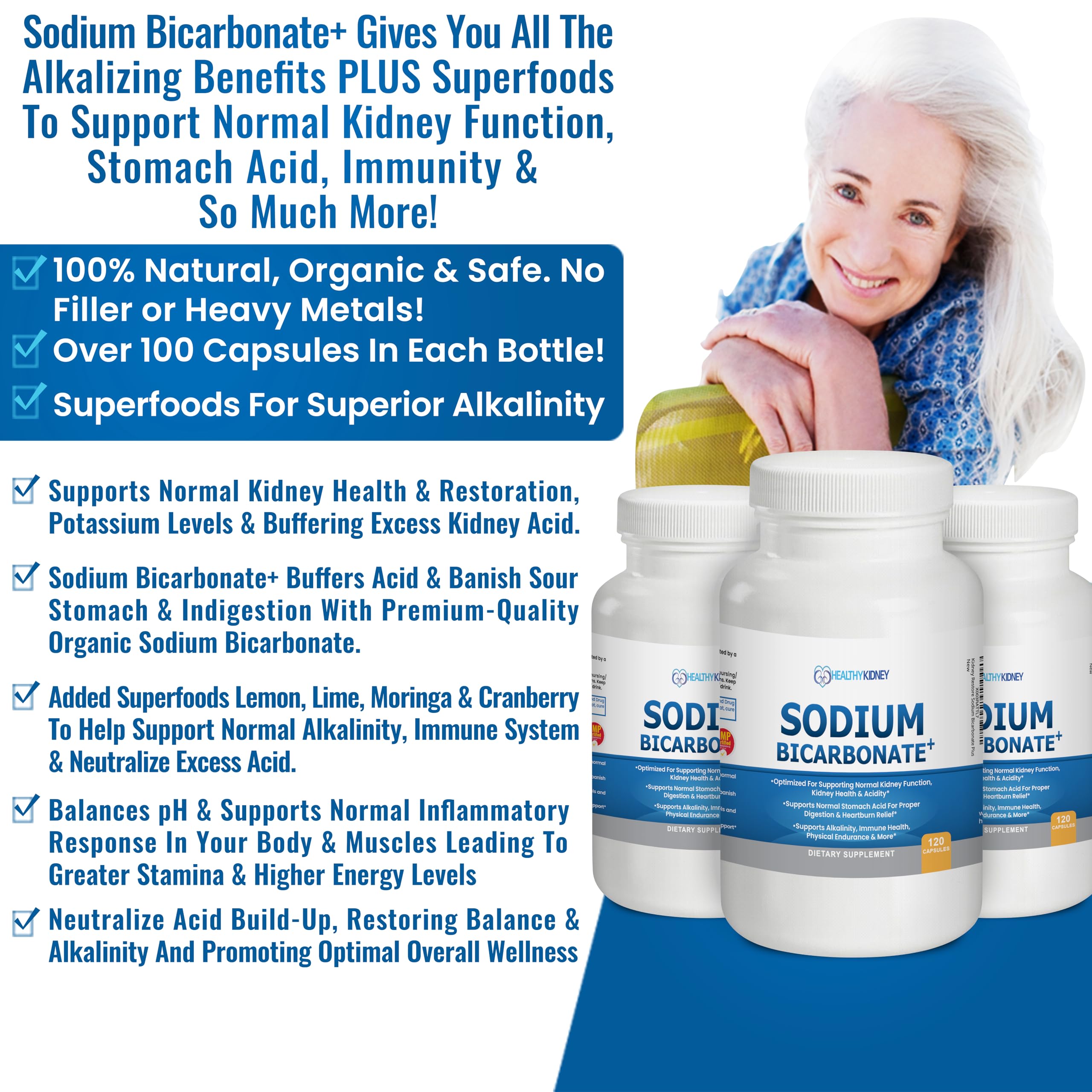 Kidney Restore Sodium Bicarbonate moringa cue indicating natural energy and immune wellness.