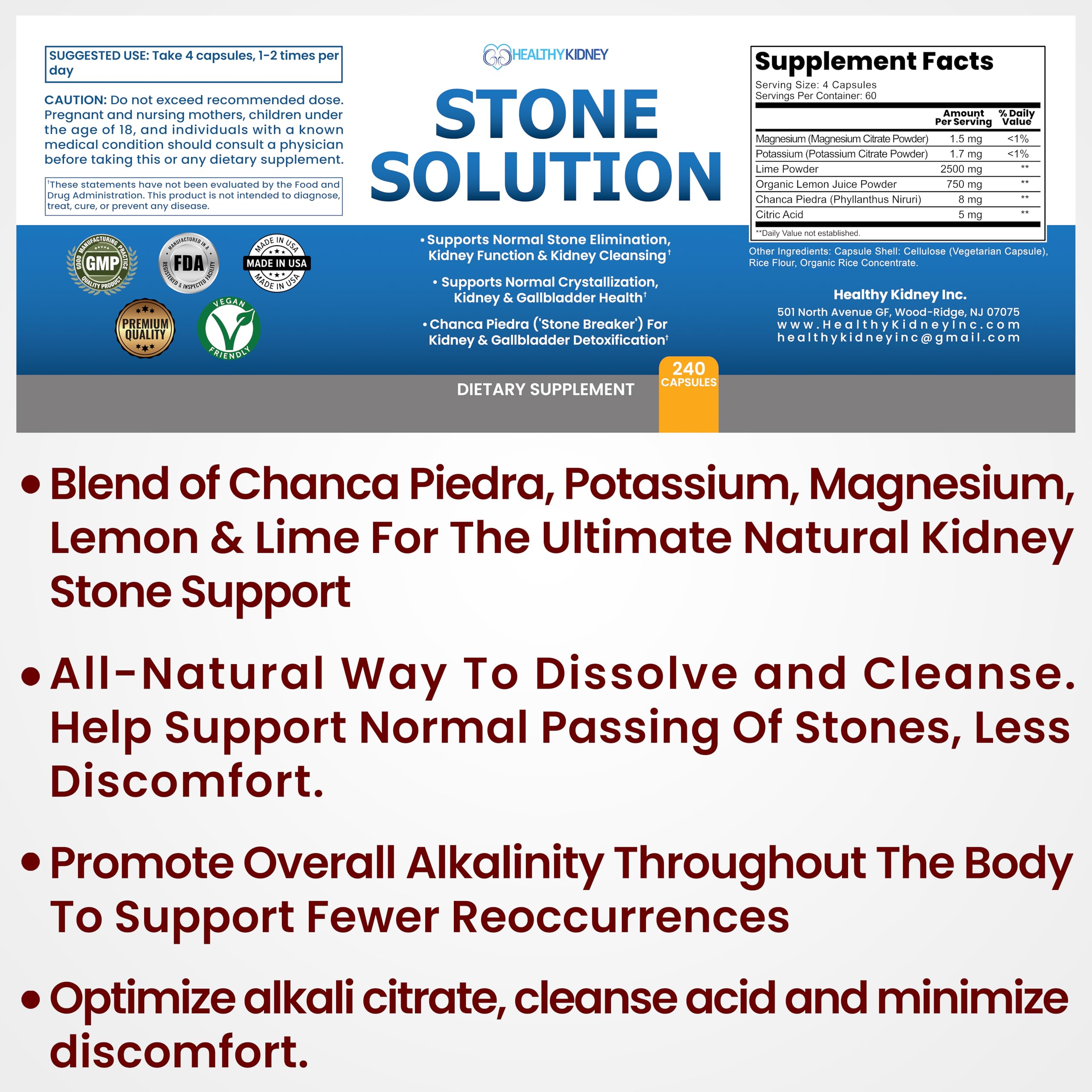 Kidney Restore Stone Solution label closeup highlights key ingredients for stone support