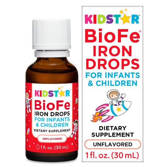 KidStar BioFe Pure Iron Drops bottle close-up showing gentle iron for growing children.