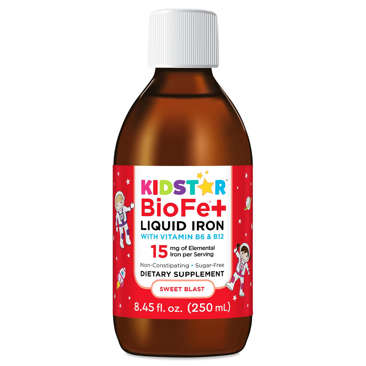 KidStar BioFe Iron Liquid bottle front highlights a clear label for daily iron use