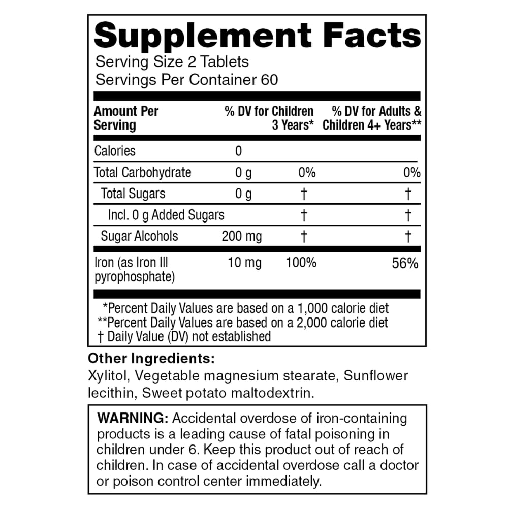 KidStar Nutrients BioFe Pure Iron chewables close-up showing 5 mg iron per tablet