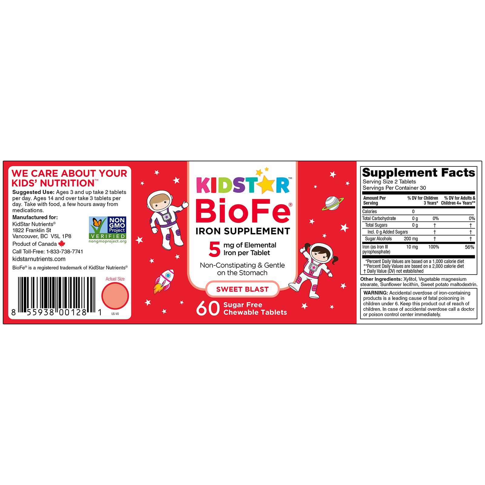 KidStar Nutrients pack front highlighting Sweet Blast flavor, sugar-free.