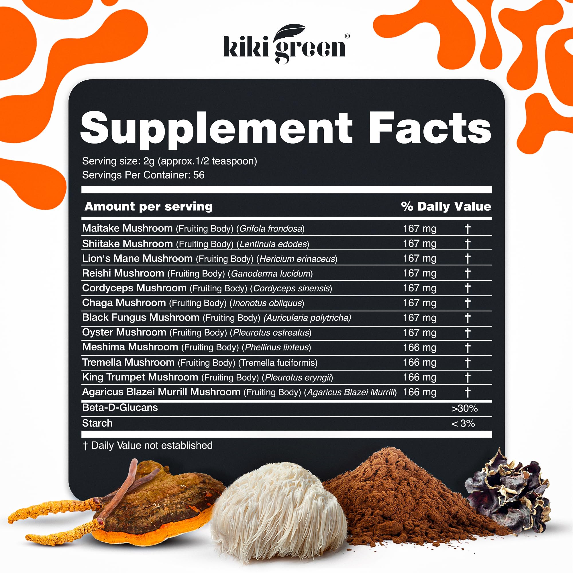KIKI Green 12 Mushroom Powder packaging box highlights vegan, fruiting body mushrooms.