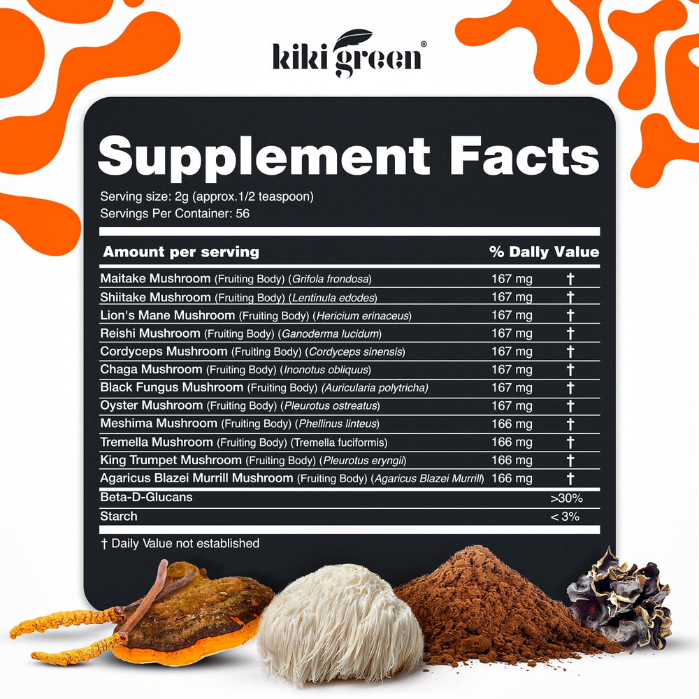 KIKI Green 12 Mushroom Powder packaging box highlights vegan, fruiting body mushrooms.